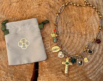 Collier acier inoxydable or et argent  croix vierge perle  pierre cœur ex-voto trèfle habaha Paris
