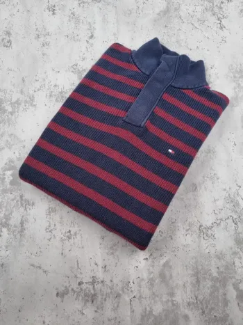 Pull Tommy Hilfiger rayé bleu et bordeaux – Taille XL Homme (mesures en photos)