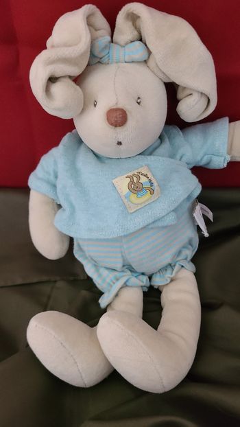 MOULIN ROTY DOUDOU LAPIN MILA CREME ECRU BARBOTEUSE BLEU 30 CM