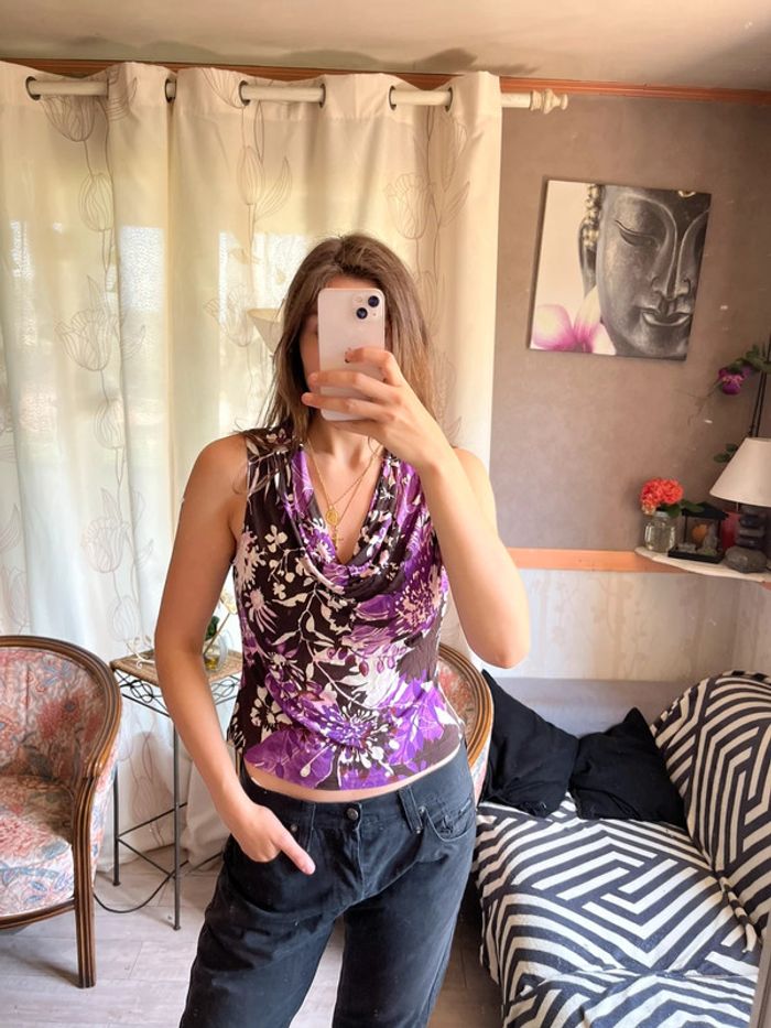 Top débardeur halter neck leopard vintage bohème champêtre y2k