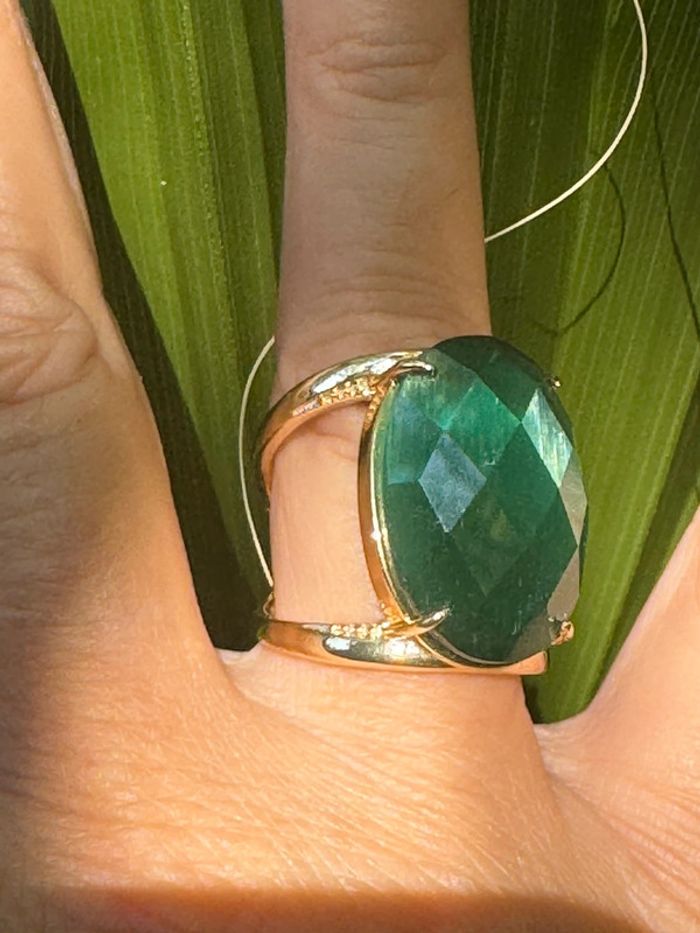 Grosse bague réglable habaha Paris acier inoxydable or jade vert - photo numéro 2