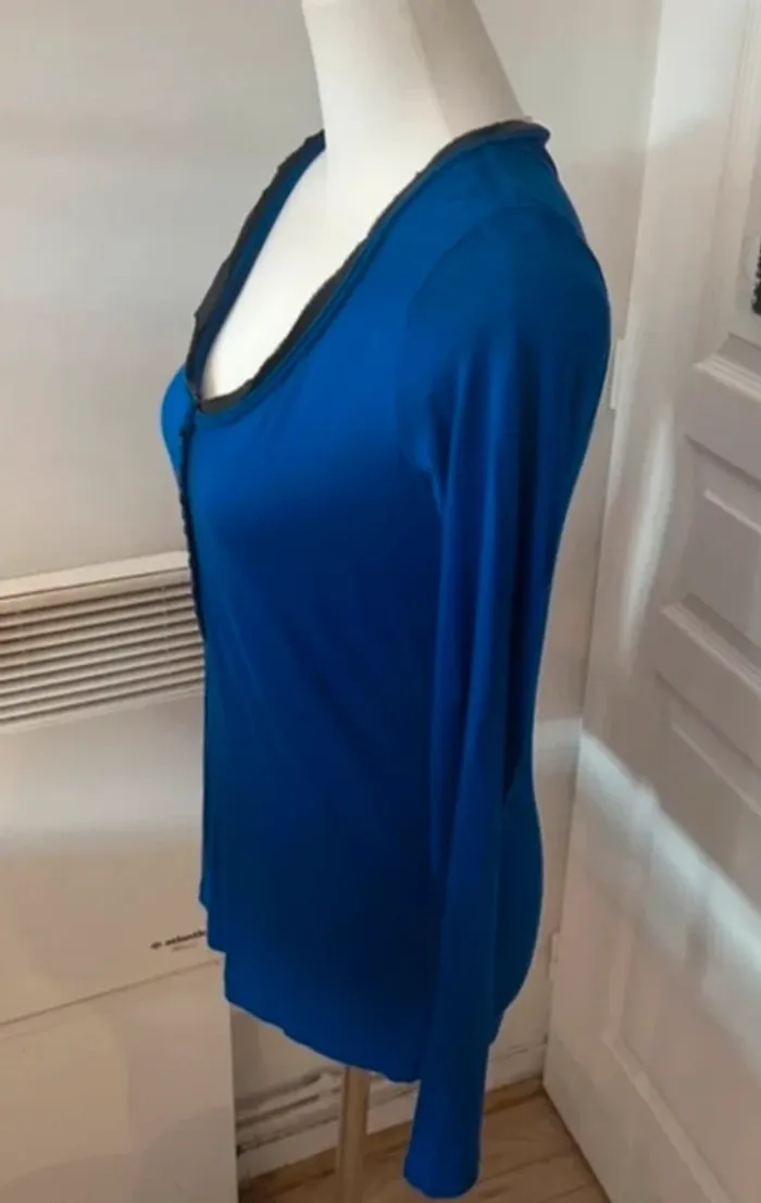 Zapa t-shirt, haut blouse manches longues bleu vif en soie et coton. Taille M/38. - photo numéro 5