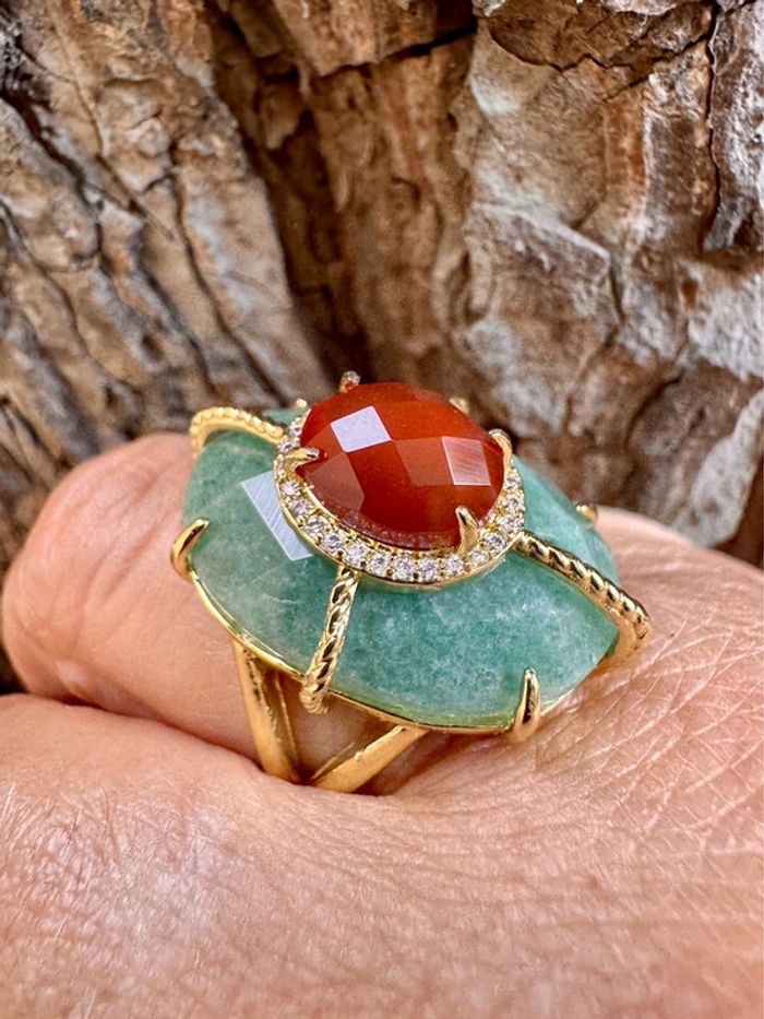 Grosse bague habaha Paris acier inoxydable or cornaline et jade vert zircons - photo numéro 4