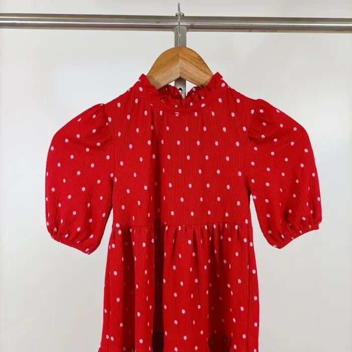 Robe rouge à pois Next 4-5 ans manches ballon col volanté rétro chic A1100 - photo numéro 2