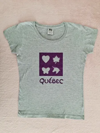T-shirt manches courtes 8 ans gris clair motif Québec pailleté violet