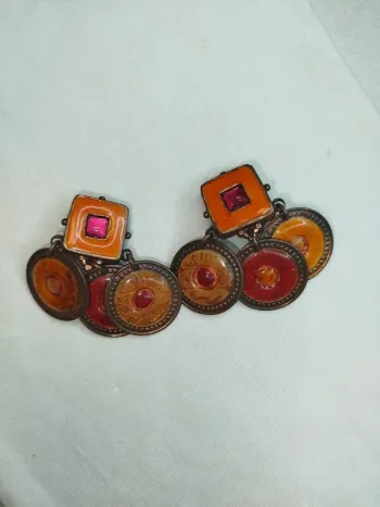 Boucle d'oreille Gas - pièce pampilles monnaies - Bronze, rouge et orange,