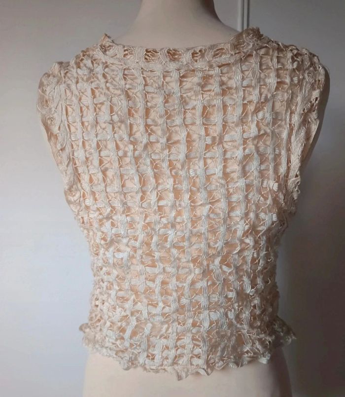 💎gilet en crochet élégant chic beige nude doré taille unique xs s m l extensible vintage authentique - photo numéro 3