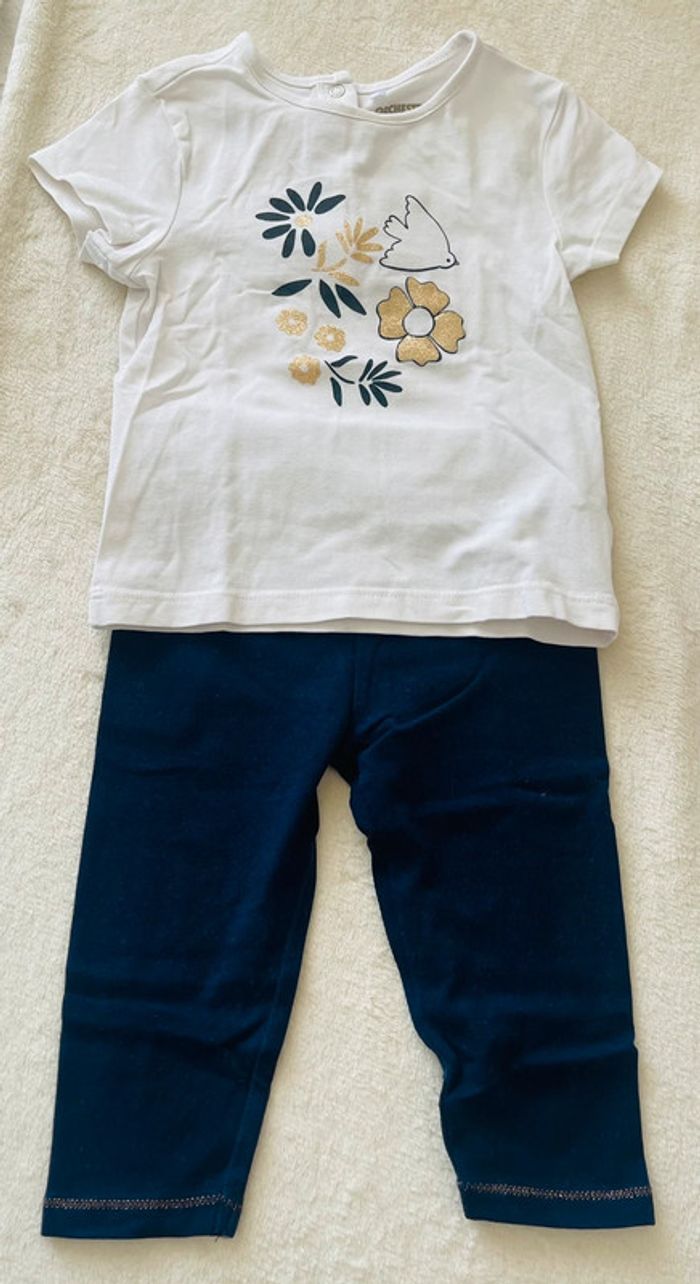 Ensemble tee shirt blanc et leggings bleu marine 12mois 74cm Orchestra