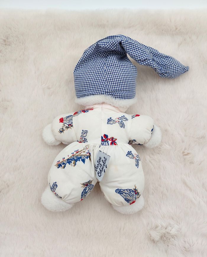 Ancien doudou poupée tissu lutin blanc Tartine et Chocolat bonnet vichy carreaux bleu blanc poule ca - photo numéro 2