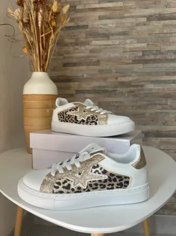 Baskets p41 léopard blanche doré