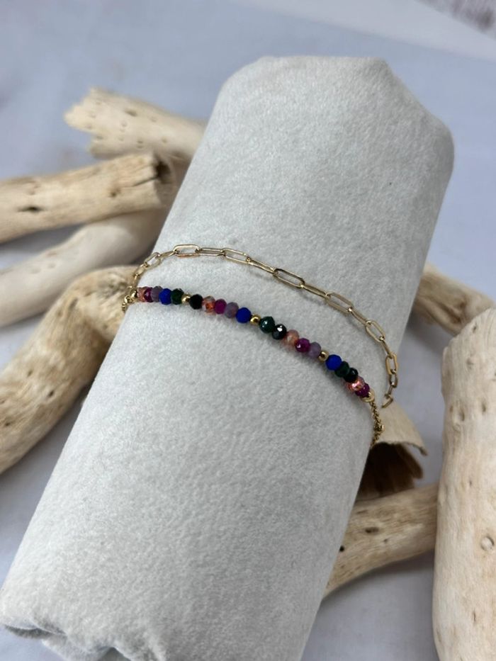 Bracelets plusieurs rangs en acier or et pierre cristal multicolore - photo numéro 2