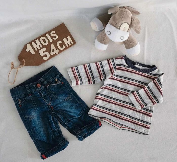 Ensemble  👣 haut et  bas  garçon, tee-shirt kimbaloo  et jean  tape  à l'œil,  1mois/54cm