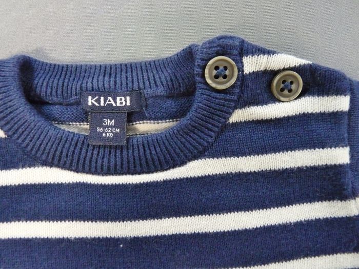 Pull marin tricot bleu marine blanc rayures Kiabi 3 mois 56 – 62 cm garçon - photo numéro 2