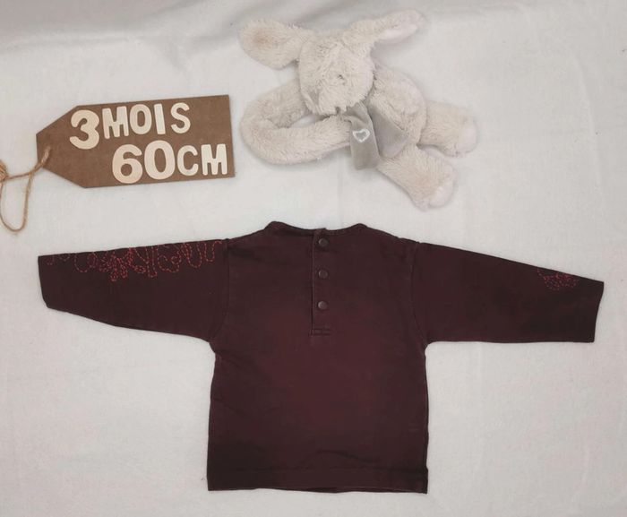 Tee-shirt 👣 manches longues,  bordeaux, du pareil  au même,  3mois/60cm - photo numéro 2