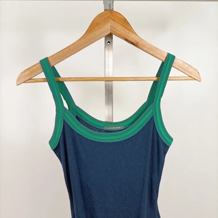 Body côtelé Monoprix Femme bleu marine liseré vert T.S bretelles larges coton stretch A1264 - photo numéro 2