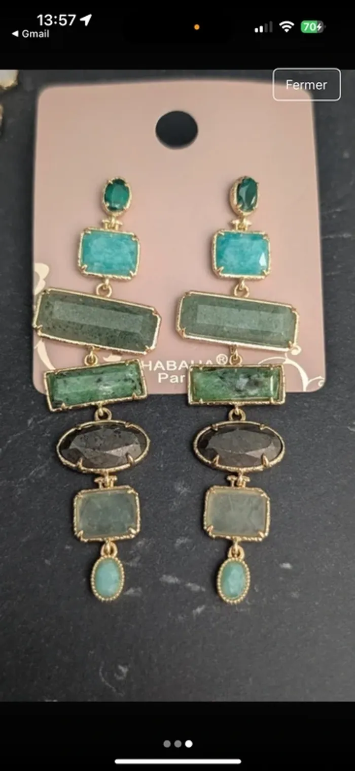 Grande boucles d’oreilles habaha paris acier inoxydable or malachite amazonite jade vert véritables - photo numéro 4