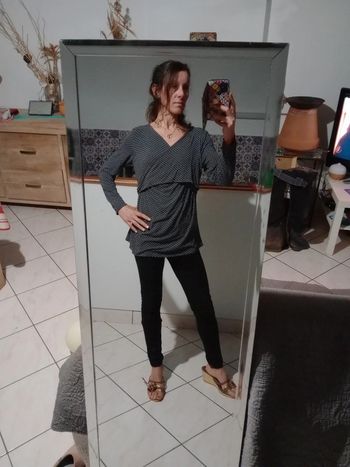 Top femme manches longues 46/48 gris à pois blancs c52