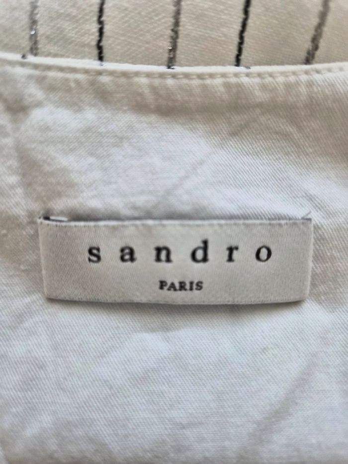 Robe Sandro Paris rayée écru noire ceinturée élégante taille 1 S - photo numéro 5