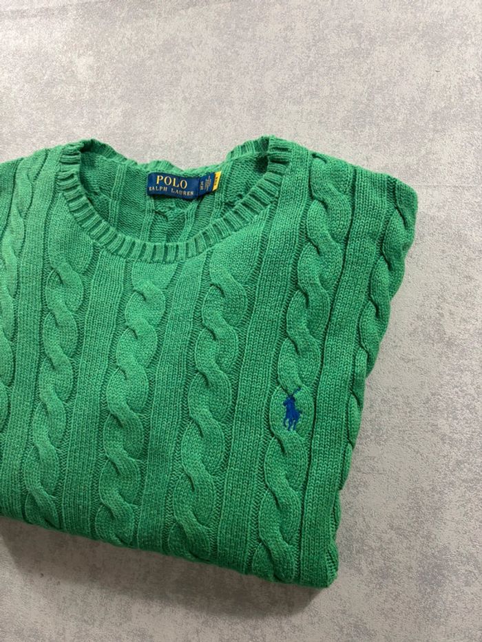Pull Torsadé Ralph Lauren Vert logo brodé bleu Taille XL - photo numéro 2