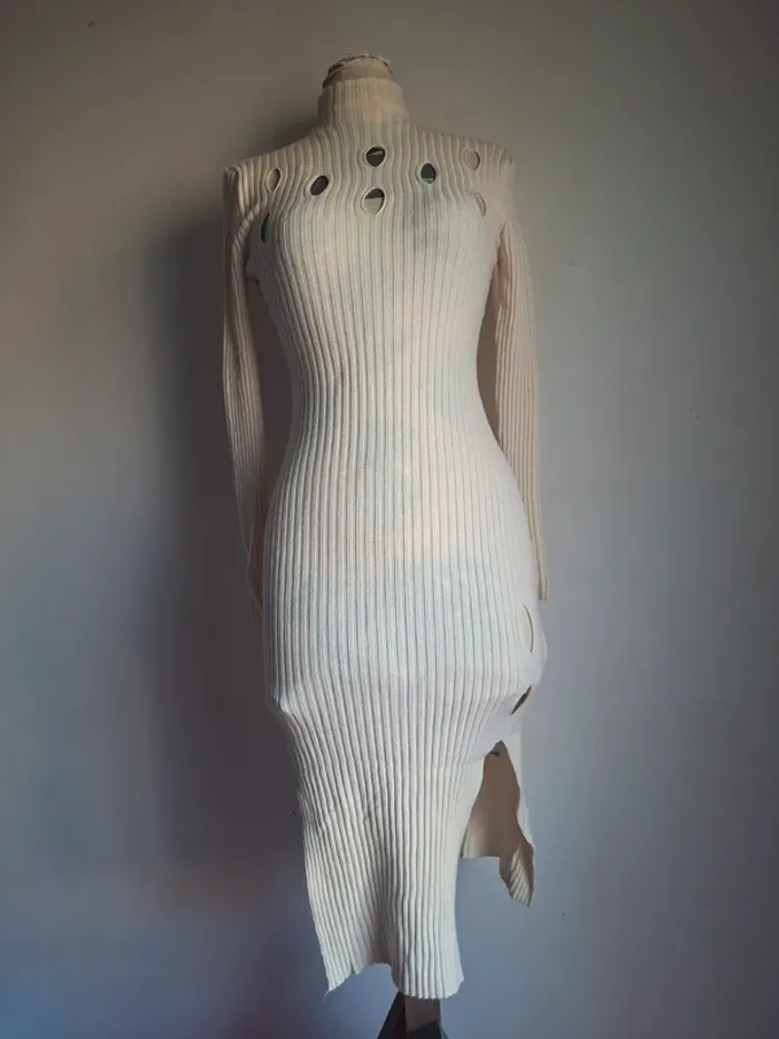 Robe pull côtelée beige à découpes JF Lefon taille S-M, neuve