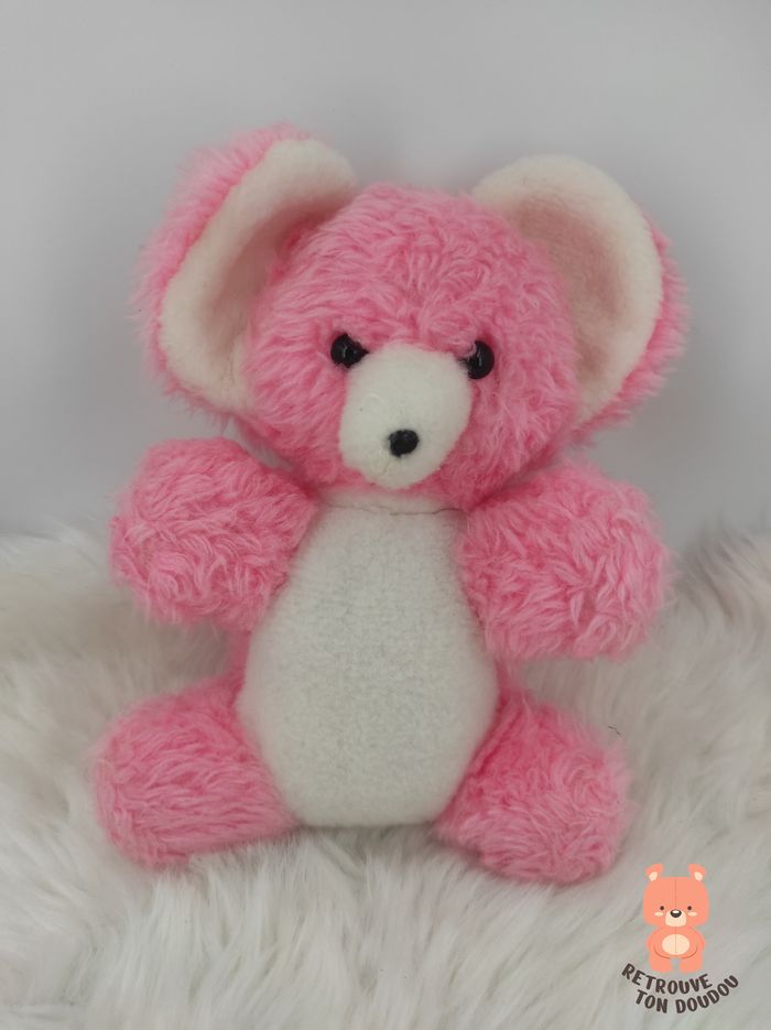 Doudou Souris Rose et Blanche Nounours Vintage 20 cm