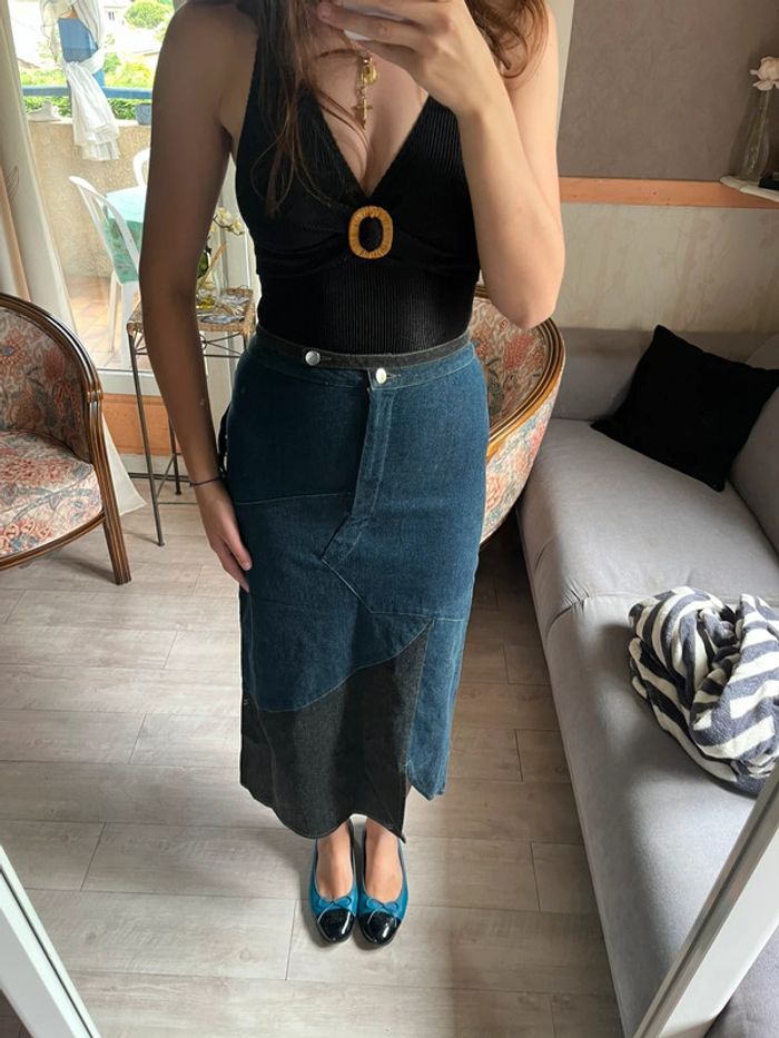 Jupe longue maxi skirt jean bohème champêtre denim y2k 2000yer destroy - photo numéro 2