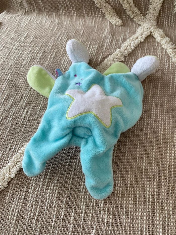 Peluche doudou plat 25cm sucre d’orge lapin bleu et blanc très bon état - photo numéro 3