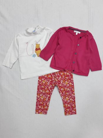 Tenue gilet rose, haut manches longues Winnie et legging 9 mois