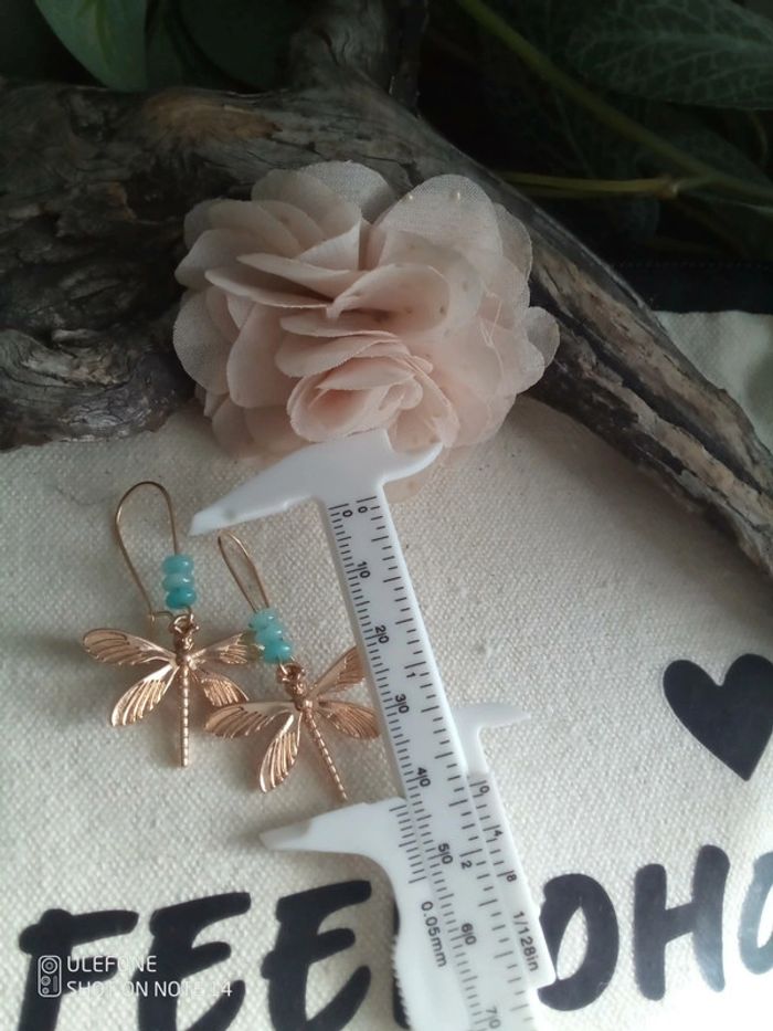 Boucles d'oreilles bohèmes libellules pierres amazonite naturelles - photo numéro 2