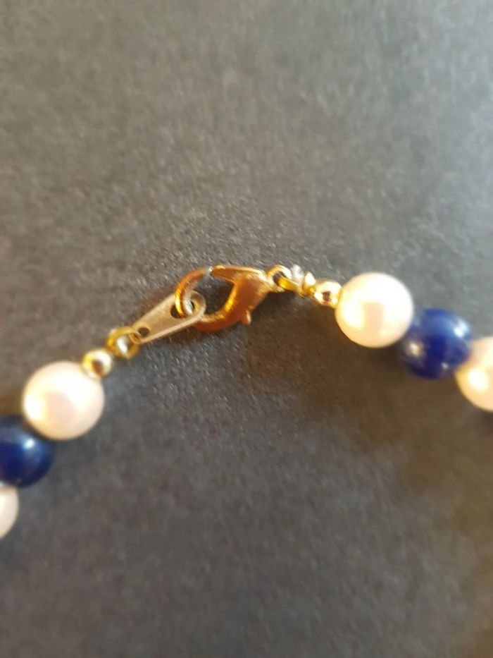 Collier boules colorid bleu ivoire or - photo numéro 3