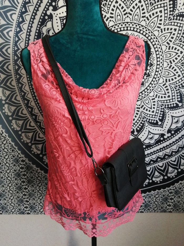 Top corail en dentelle, col drapé, libellule dans le dos, doublé / sans marque / (TU)
