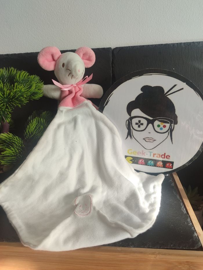 Doudou mouchoir souris Sucre d'orge rose blanc cajou noeud range peluche Velour