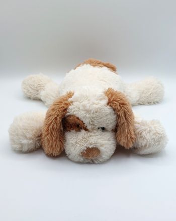 Peluche doudou chien blanc écru marron beige Carrefour cocard 40 cm yeux durs