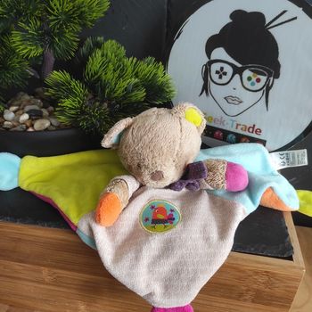 Doudou Nicotoy plat Ours multicolore bleu vert violet oiseau Simba Toys  #geeltradedoudou