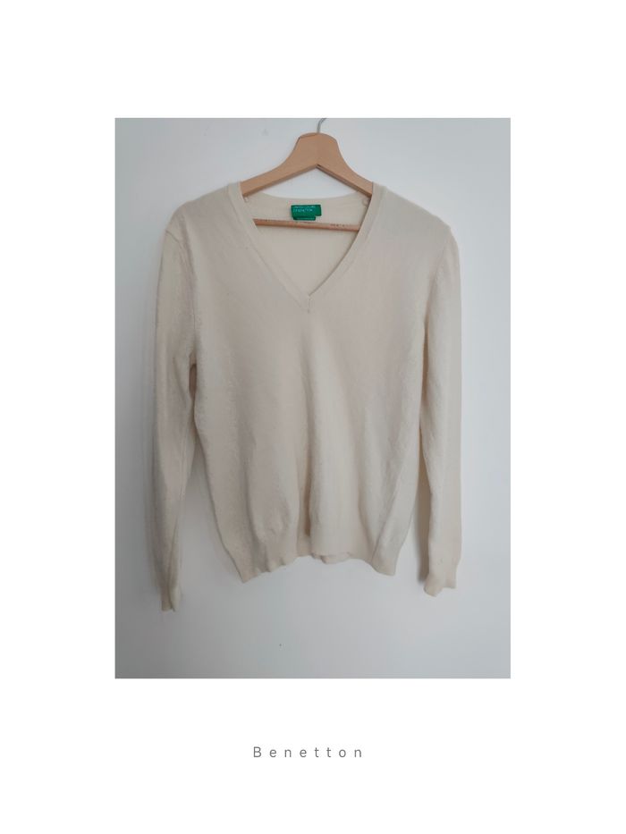Pull en laine Benetton pull col V crème - photo numéro 5