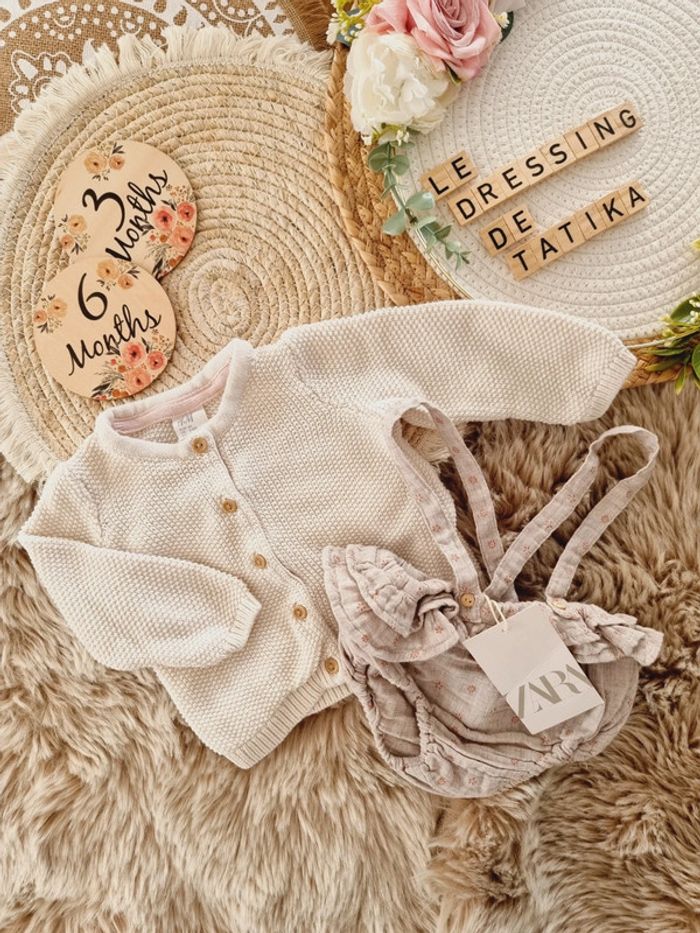 Ensemble gilet maille et bloomer barboteuse 3/6mois fille