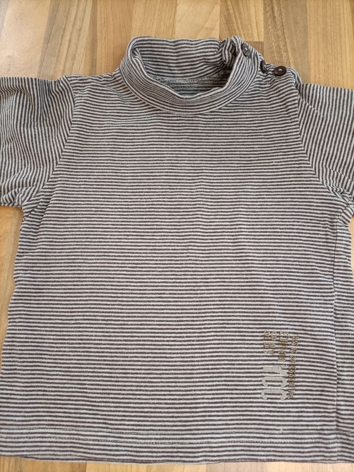 Tee-shirt manches longues col roulé rayé marron noir 2 ans - photo numéro 2