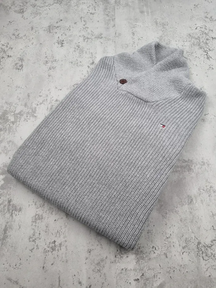 Pull col châle Tommy Hilfiger gris – Taille M Homme (mesures en photos)