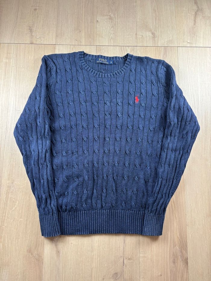 Pull Ralph Lauren Torsadé bleu marine logo rouge brodé Taille M