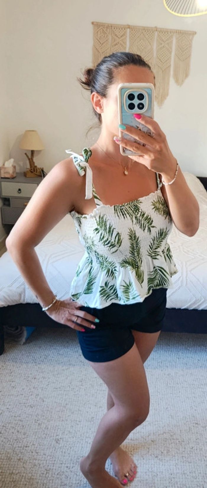 Top peplum court évasé tropical H&M M vert et blanc coton élasthanne - photo numéro 2
