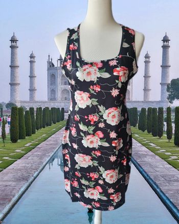 Robe droite satinee fleurie, sans marque, taille L