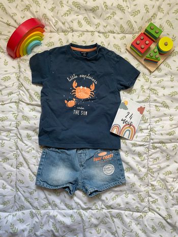 ensemble teeshirt manches courtes bleu et short en jean taille réglable 24 mois kiabi