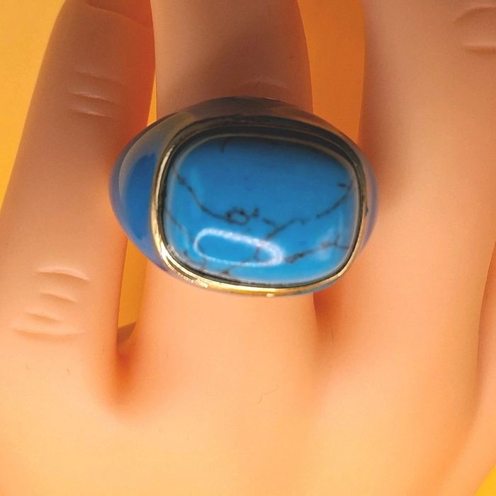neuf idéal cadeau a tout petit prix grosse bague cabochon en acier inoxydable doré et turquoise - photo numéro 2