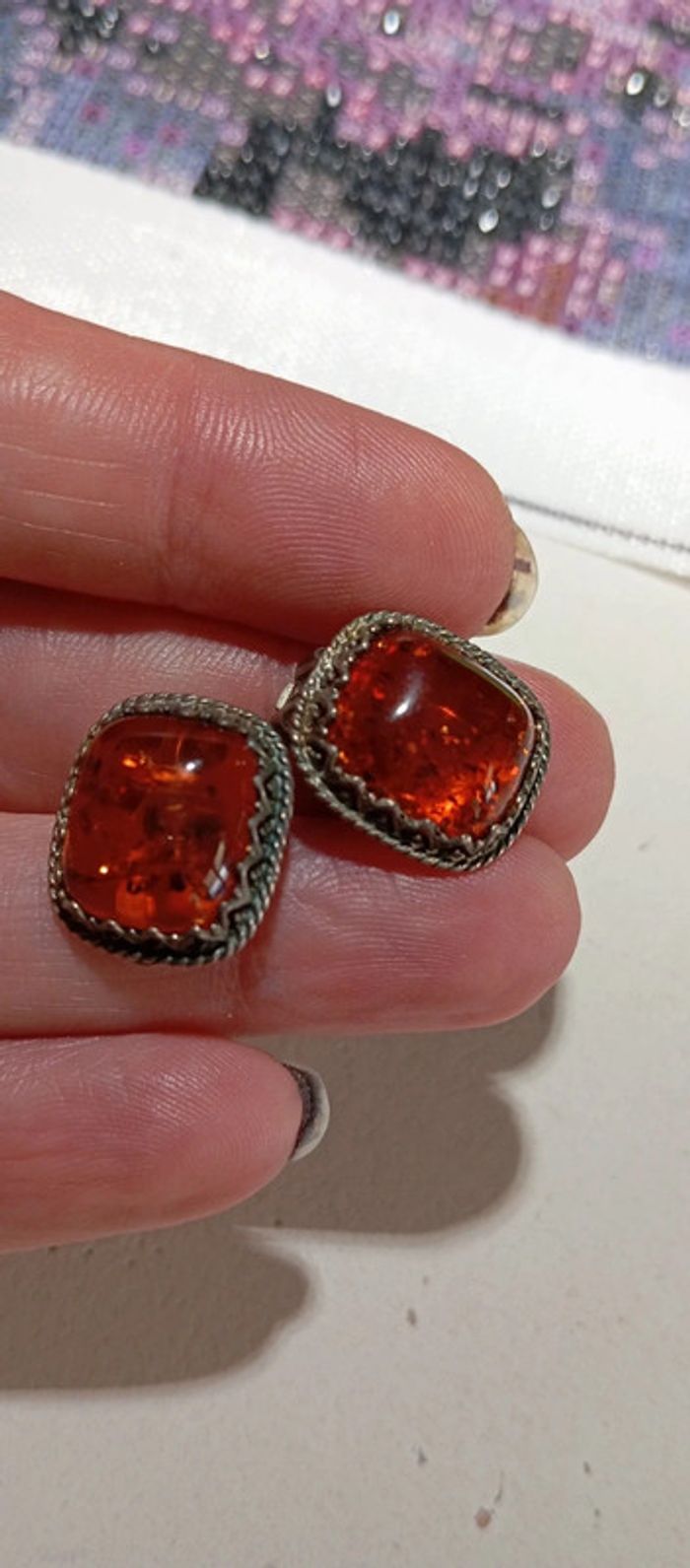 Clips d'oreilles ancien ambre et argent - photo numéro 3