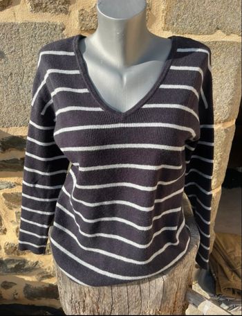 Pull en maille à rayure marine et blanc - Camaïeu 