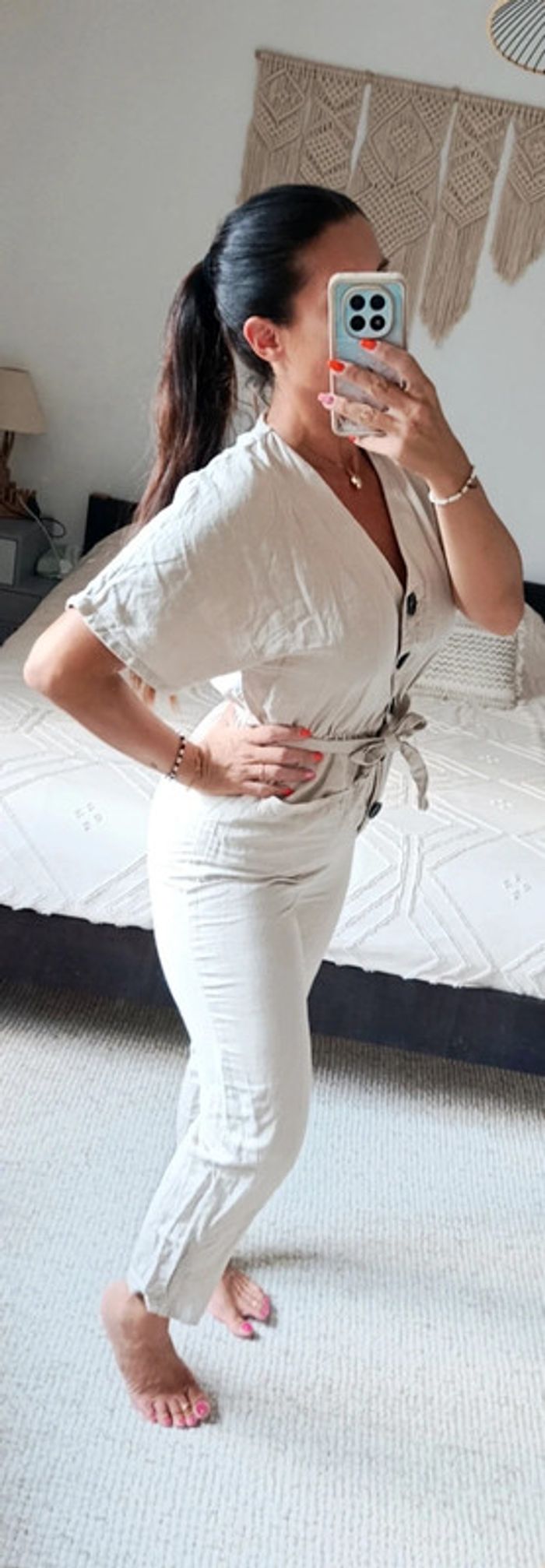 Combinaison Zara Basic S beige crème avec gros boutons et ceinture assortie coton lin