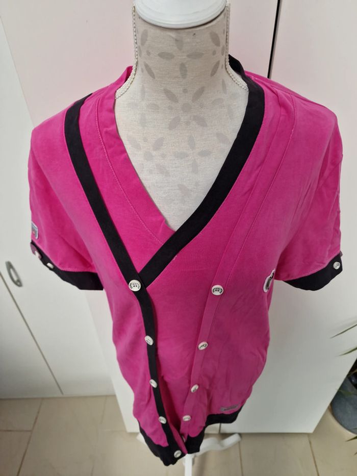 T-Shirt Fashion Rose Fuchsia Noir Blanc Avec Boutons - photo numéro 2