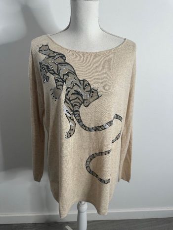 Pull oversize tigre beige crème et strass en angora Jacqueline Riu T1 36 S