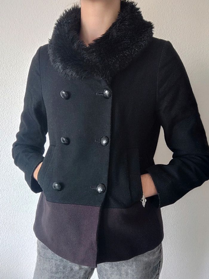 Manteau caban noir violet laine col fausse fourrure / Etam - 34XS à 36/S
