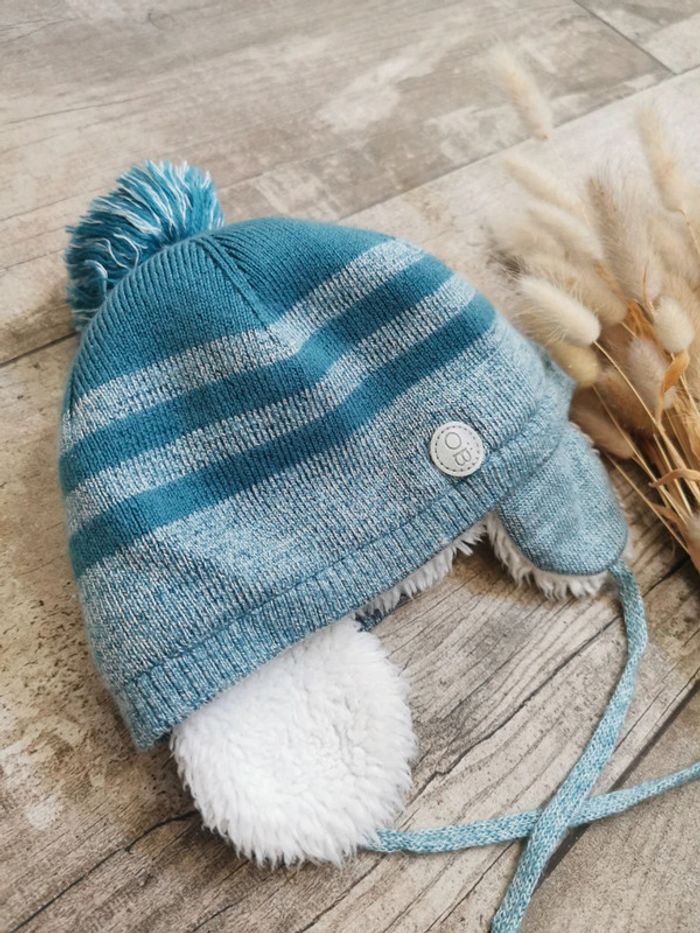 🌺OBAIBI très jolie bonnet 6mois 44cm bleu gris chaud ponpom bébé - photo numéro 2
